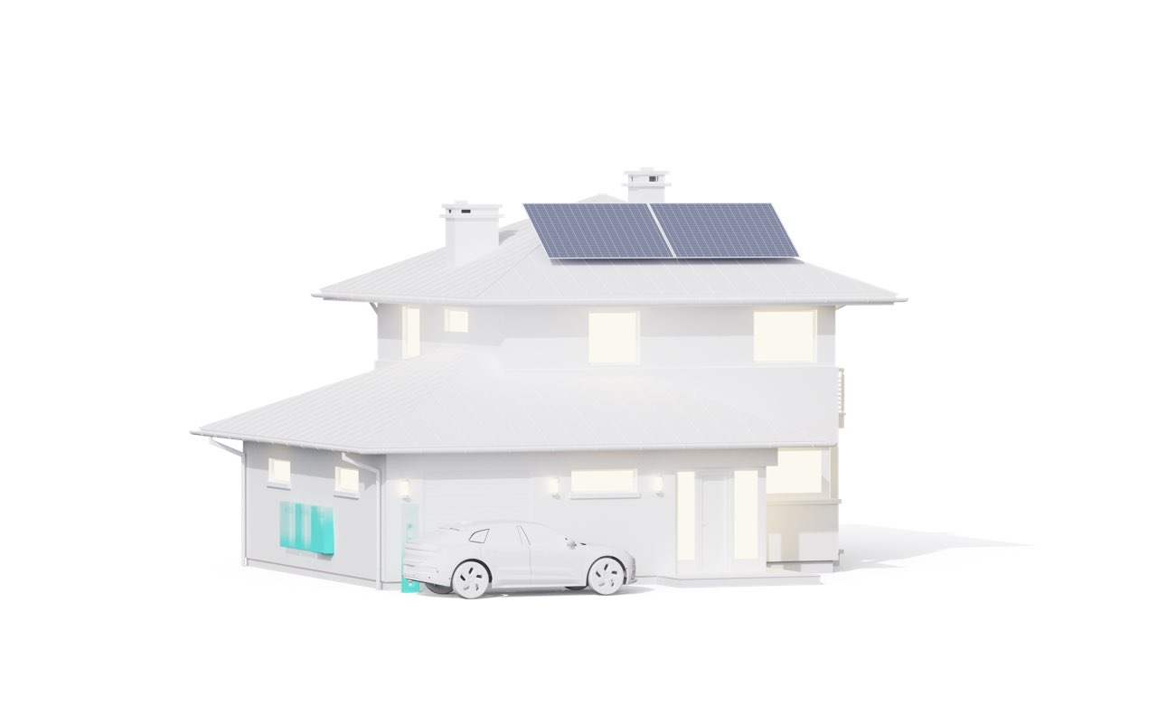 VREMT's commitment to sustainable energy solutions is exemplified in this modern two-story house equipped with solar panels and an electric car in the garage, demonstrating integration of VREMT's electric drive technology in everyday living.