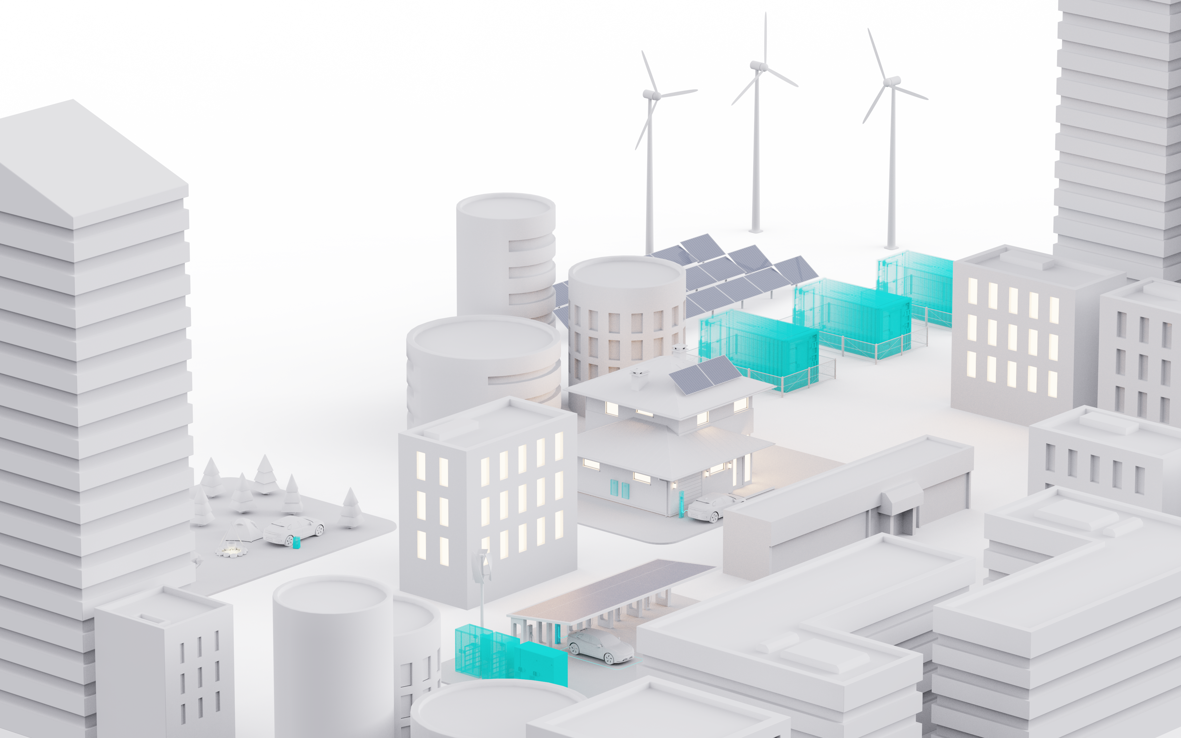 Futuristic urban landscape showcasing VREMT's sustainable energy solutions, featuring white minimalist buildings, solar panels, wind turbines, and transparent greenhouses. The scene highlights VREMT's commitment to electric drive and battery technology with solar-powered vehicles and eco-friendly urban planning